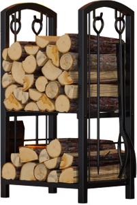 Fireplace Log Rack with 4 Tools Fireside Firewood Holders Lumber Storage Stacking Black Wrought Iron Heavy Duty Logs Bin Holder for Fireplace Tool