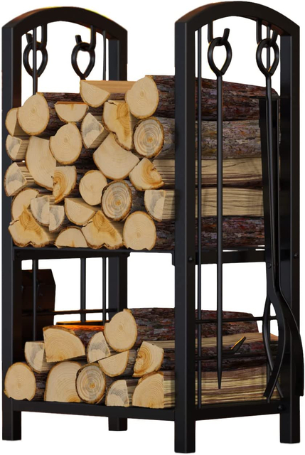 Fireplace Log Rack with 4 Tools Fireside Firewood Holders Lumber Storage Stacking Black Wrought Iron Heavy Duty Logs Bin Holder for Fireplace Tool