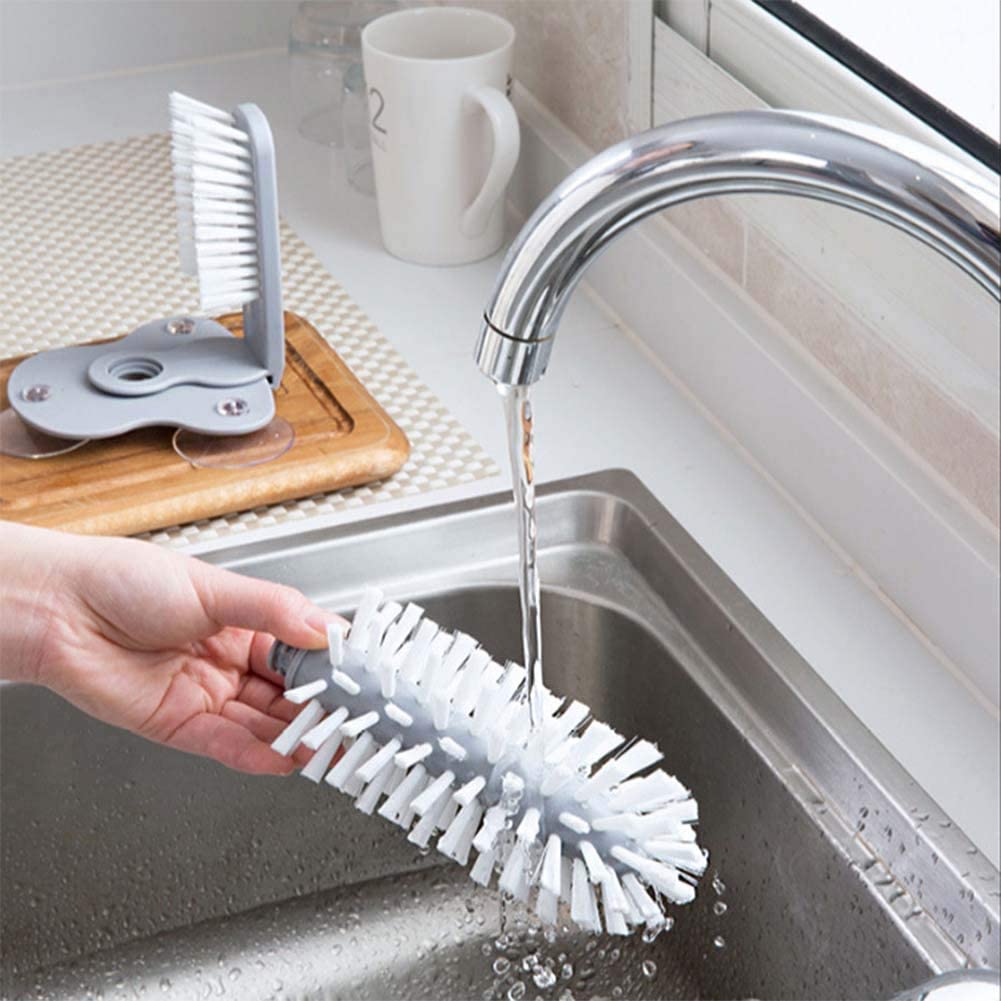 Water Bottle Cleaning Brush Glass Cup Washer with Suction Base Bristle Brush for Beer Cup, Long Leg Cup, Red Wine Glass and More Bar Kitchen Sink Home Tools Grey