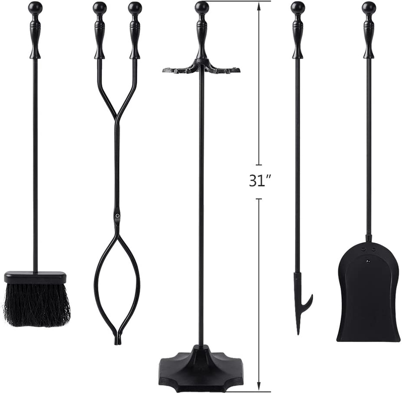 5 Pcs Fireplace Tools Sets Black Handle Wrought Iron Large Fire Tool Set and Holder Outdoor Fireset Fire Pit Stand Indoor Rustic Tongs Shovel Antique Brush Chimney Poker Wood Accessories Kit