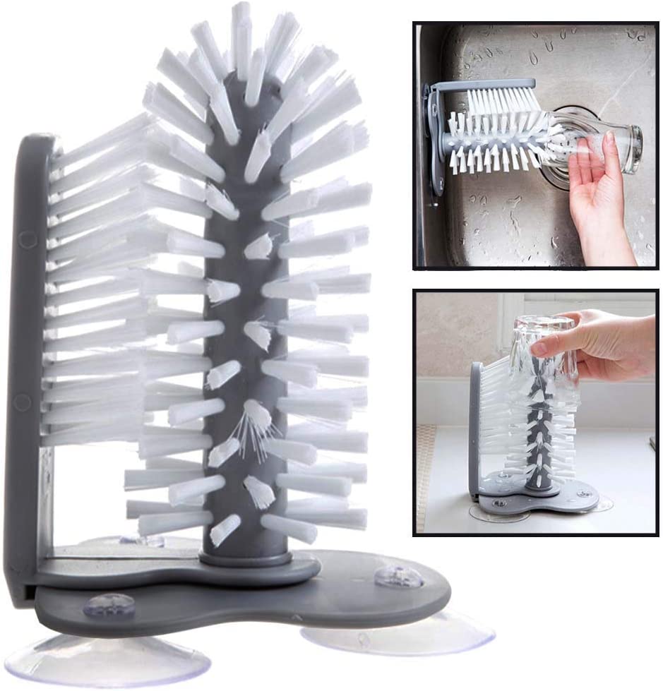 Water Bottle Cleaning Brush Glass Cup Washer with Suction Base Bristle Brush for Beer Cup, Long Leg Cup, Red Wine Glass and More Bar Kitchen Sink Home Tools Grey