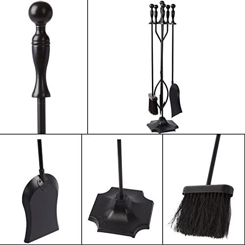 5 Pcs Fireplace Tools Sets Black Handle Wrought Iron Large Fire Tool Set and Holder Outdoor Fireset Fire Pit Stand Indoor Rustic Tongs Shovel Antique Brush Chimney Poker Wood Accessories Kit