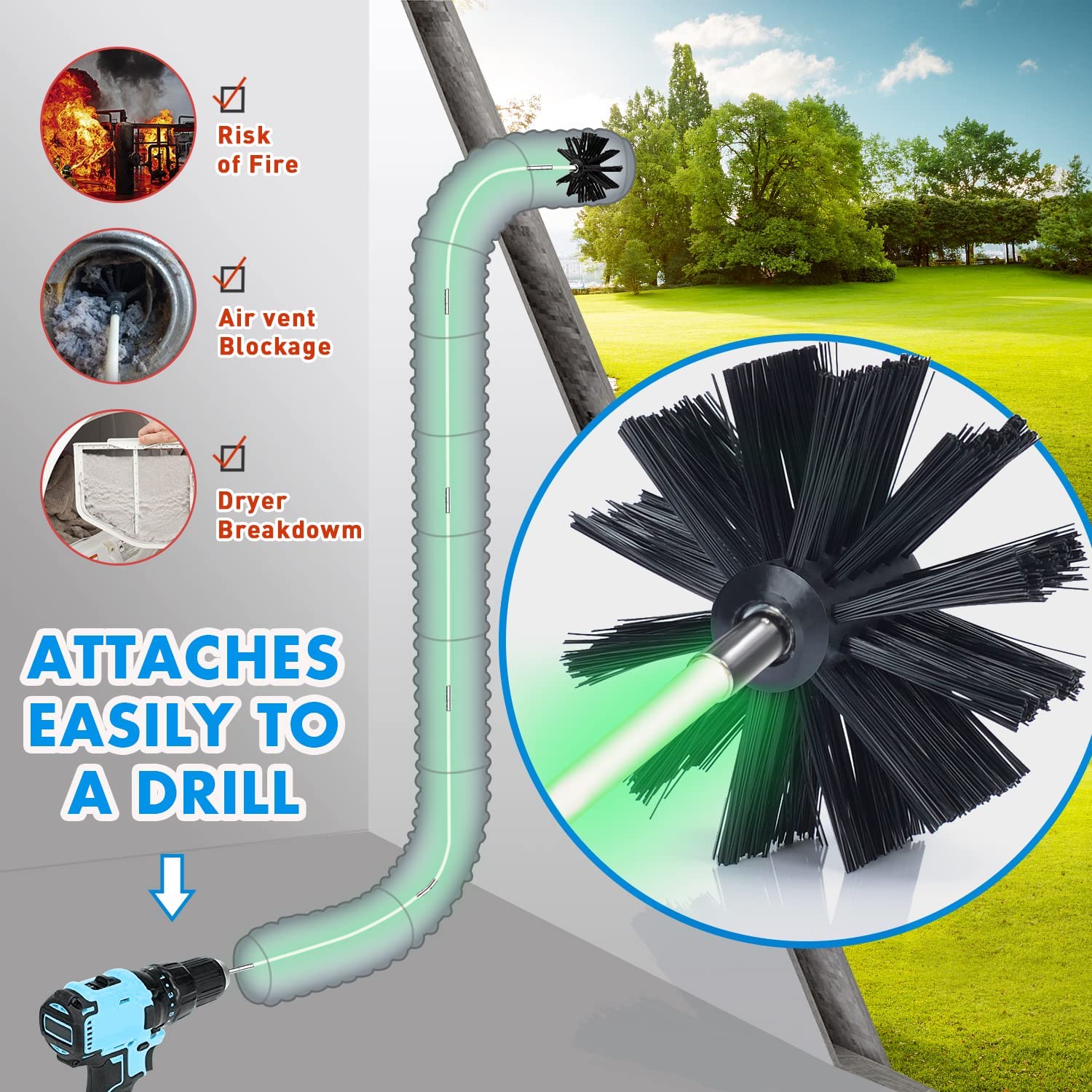 35 Feet Dryer Vent Cleaner Kit, New Upgrade Fluorescent Version Flexible Hose Dryer Lint Cleaning Brush Vent Cleaner with Drill Attachment , Durable Brush Head