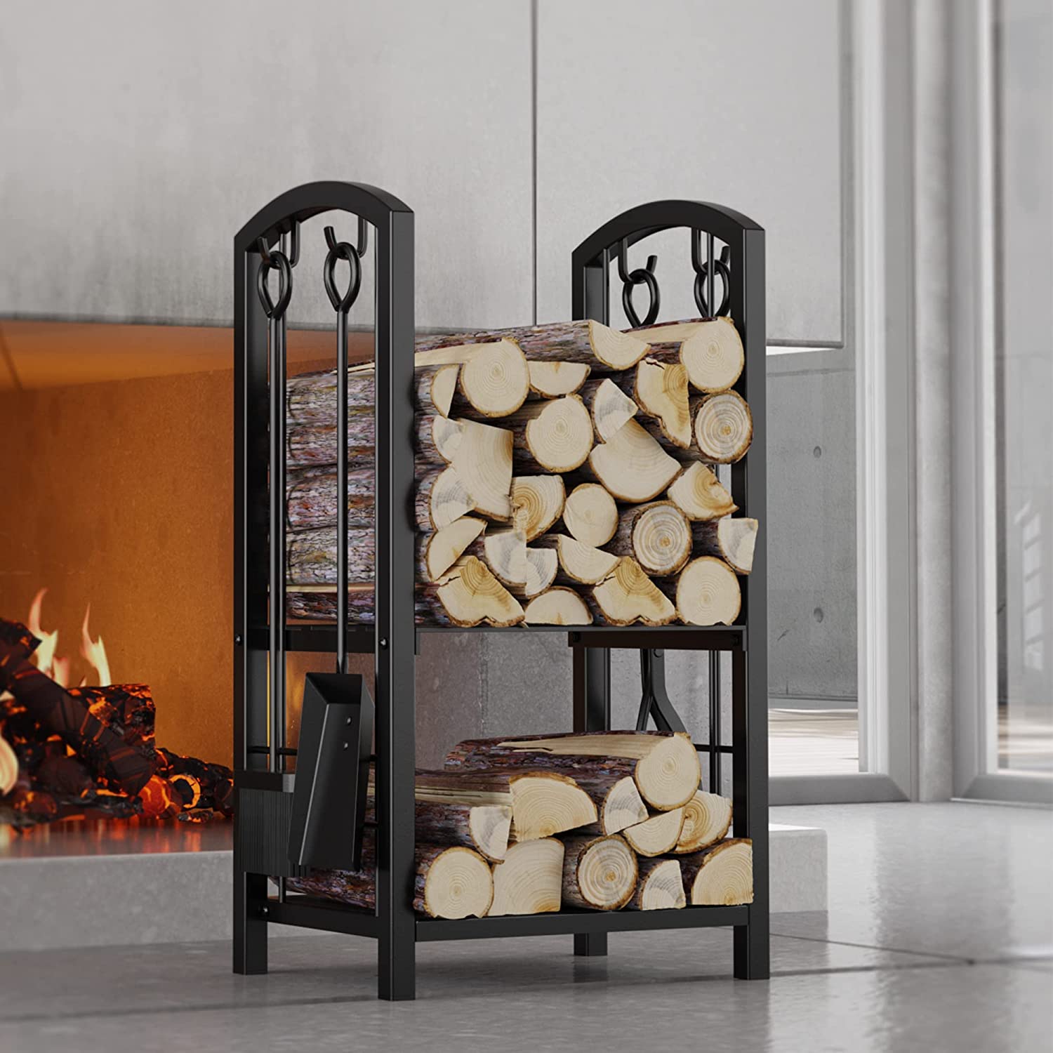 Fireplace Log Rack with 4 Tools Fireside Firewood Holders Lumber Storage Stacking Black Wrought Iron Heavy Duty Logs Bin Holder for Fireplace Tool