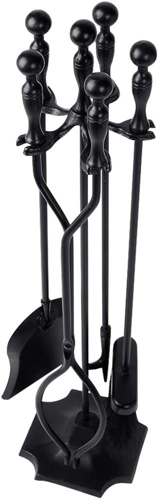 5 Pcs Fireplace Tools Sets Black Handle Wrought Iron Large Fire Tool Set and Holder Outdoor Fireset Fire Pit Stand Indoor Rustic Tongs Shovel Antique Brush Chimney Poker Wood Accessories Kit