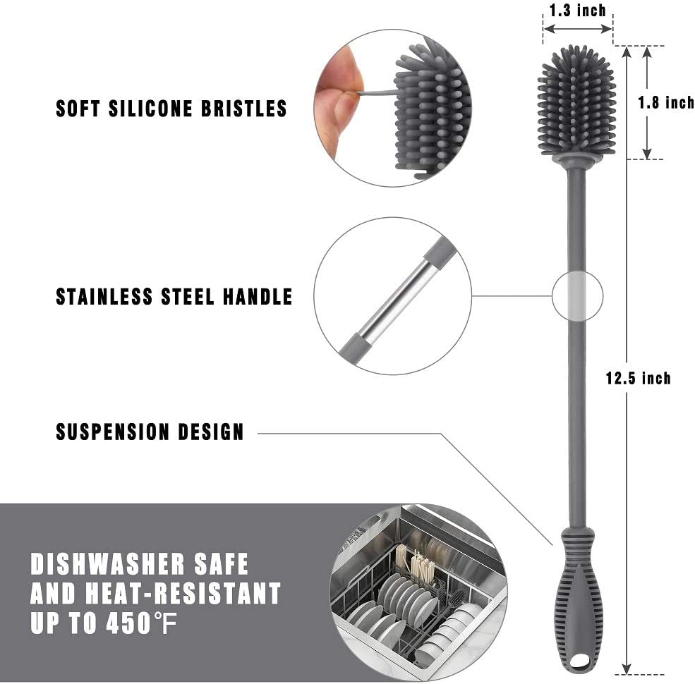 Bottle Cleaning Brush with Long Handle, 12.5" Water Bottle Cleaner for Baby Bottles, Hydro Flask, Sports Bottle, Vase, Glassware, Perfect for Smaller Diameter Bottle Openings