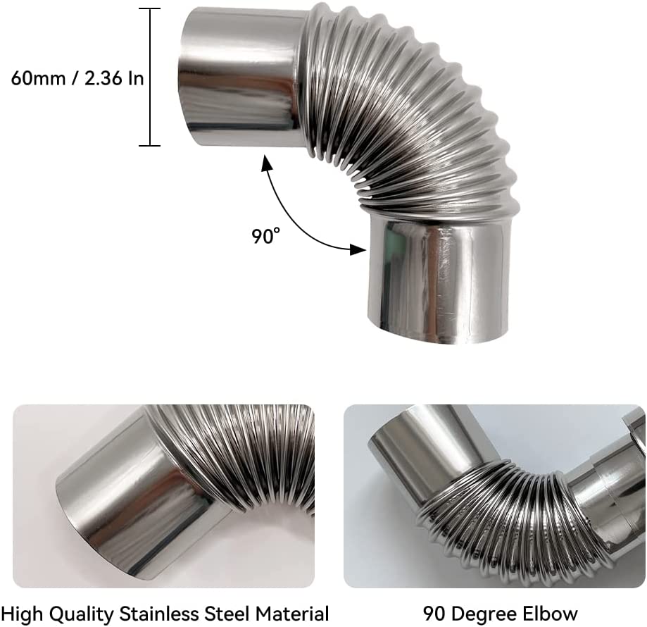 Stainless Steel Wood Stove Pipe Elbow 90 Degree Diameter 2.36 Inch Chimney Flue Elbow for Outdoor Camping Wood Stove Exhaust Pipes