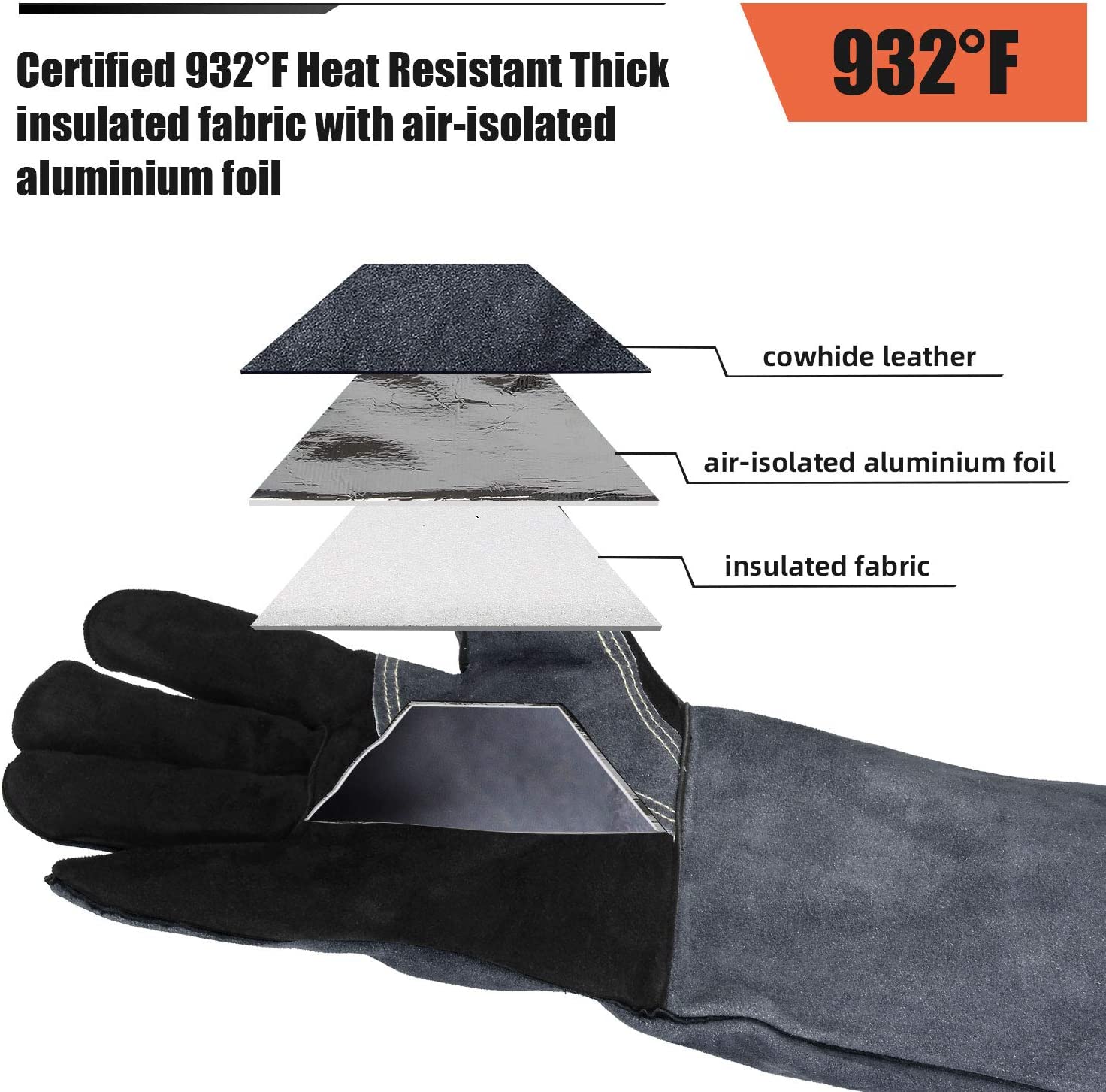 Heat Resistant Welding Gloves 16 inches Cowhide Leather - Long Sleeve and Insulated Lining BBQ Glove