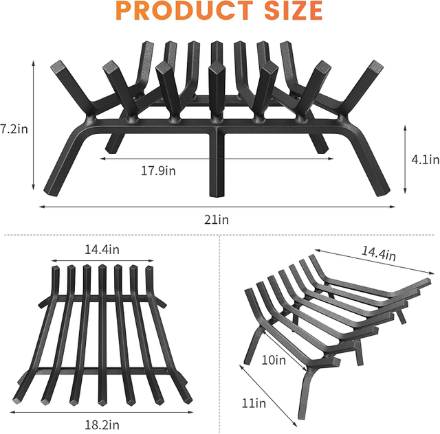 21 inch Fireplace Grate Heavy Duty Solid Steel Indoor Chimney Hearth 3/4 Bar Fire Grates for Outdoor Kindling Tools Pit Wrought Iron Wood Stove Firewood Burning Rack Holder Black
