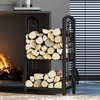 Fireplace Log Rack with 4 Tools Fireside Firewood Holders Lumber Storage Stacking Black Wrought Iron Heavy Duty Logs Bin Holder for Fireplace Tool