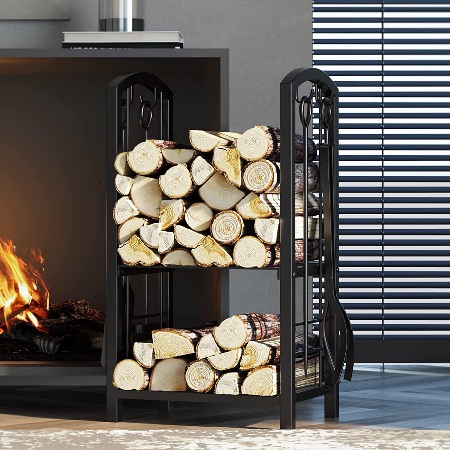 Fireplace Log Rack with 4 Tools Fireside Firewood Holders Lumber Storage Stacking Black Wrought Iron Heavy Duty Logs Bin Holder for Fireplace Tool