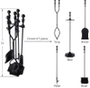 5 Pcs Fireplace Tools Sets Black Handle Wrought Iron Large Fire Tool Set and Holder Outdoor Fireset Fire Pit Stand Indoor Rustic Tongs Shovel Antique Brush Chimney Poker Wood Accessories Kit