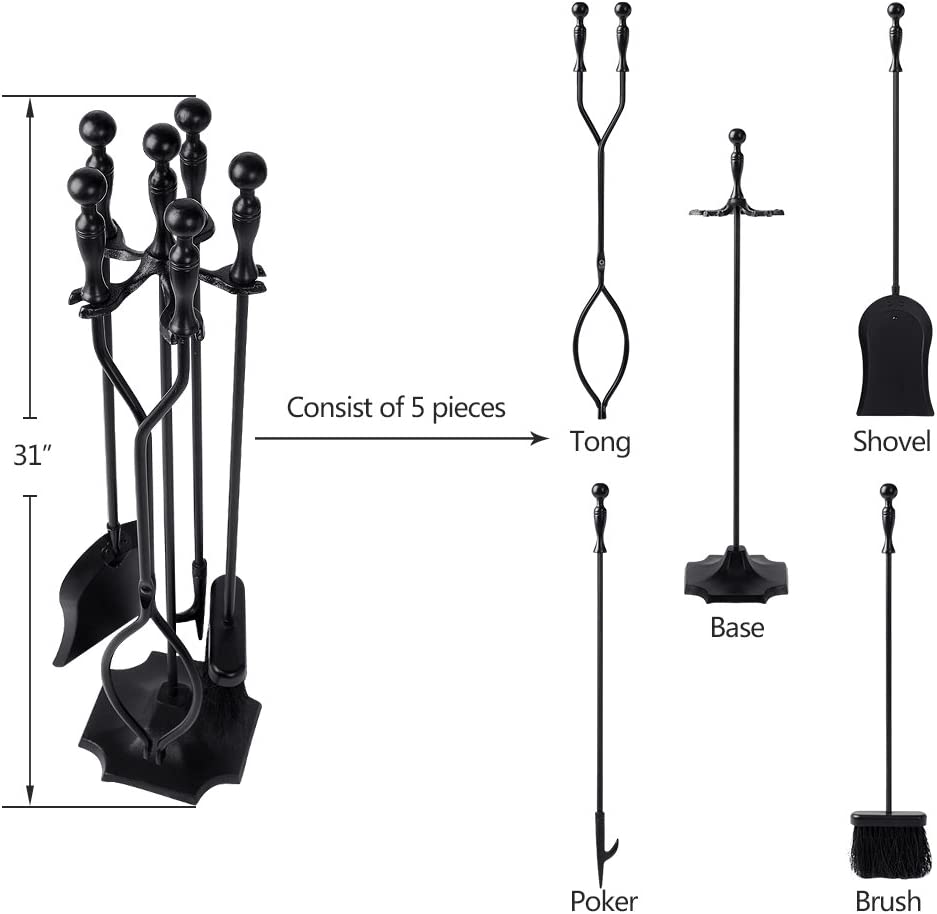 5 Pcs Fireplace Tools Sets Black Handle Wrought Iron Large Fire Tool Set and Holder Outdoor Fireset Fire Pit Stand Indoor Rustic Tongs Shovel Antique Brush Chimney Poker Wood Accessories Kit