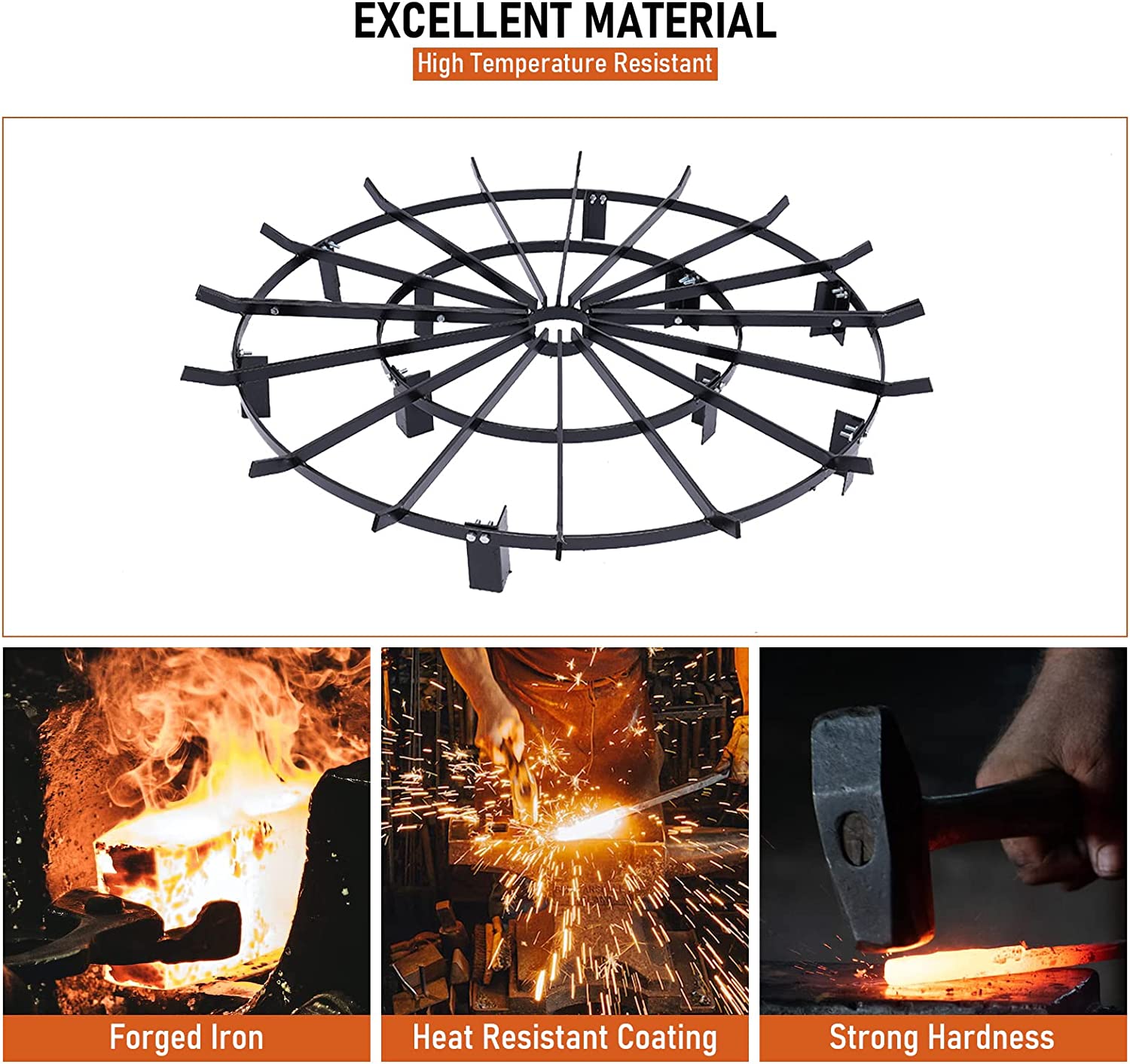 Fire Pit Grate Log Grate Round 40in Heavy Duty 16 Iron Bars Wagon Wheel Firewood Fireplace Grate 12 Legs for Indoor Chimney Hearth Kindling, Outdoor Patio Camping Firepits