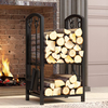 Fireplace Log Rack with 4 Tools Fireside Firewood Holders Lumber Storage Stacking Black Wrought Iron Heavy Duty Logs Bin Holder for Fireplace Tool