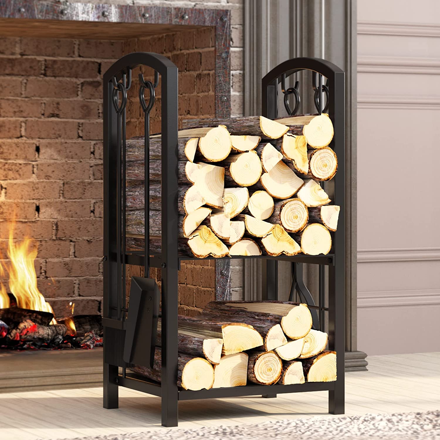 Fireplace Log Rack with 4 Tools Fireside Firewood Holders Lumber Storage Stacking Black Wrought Iron Heavy Duty Logs Bin Holder for Fireplace Tool