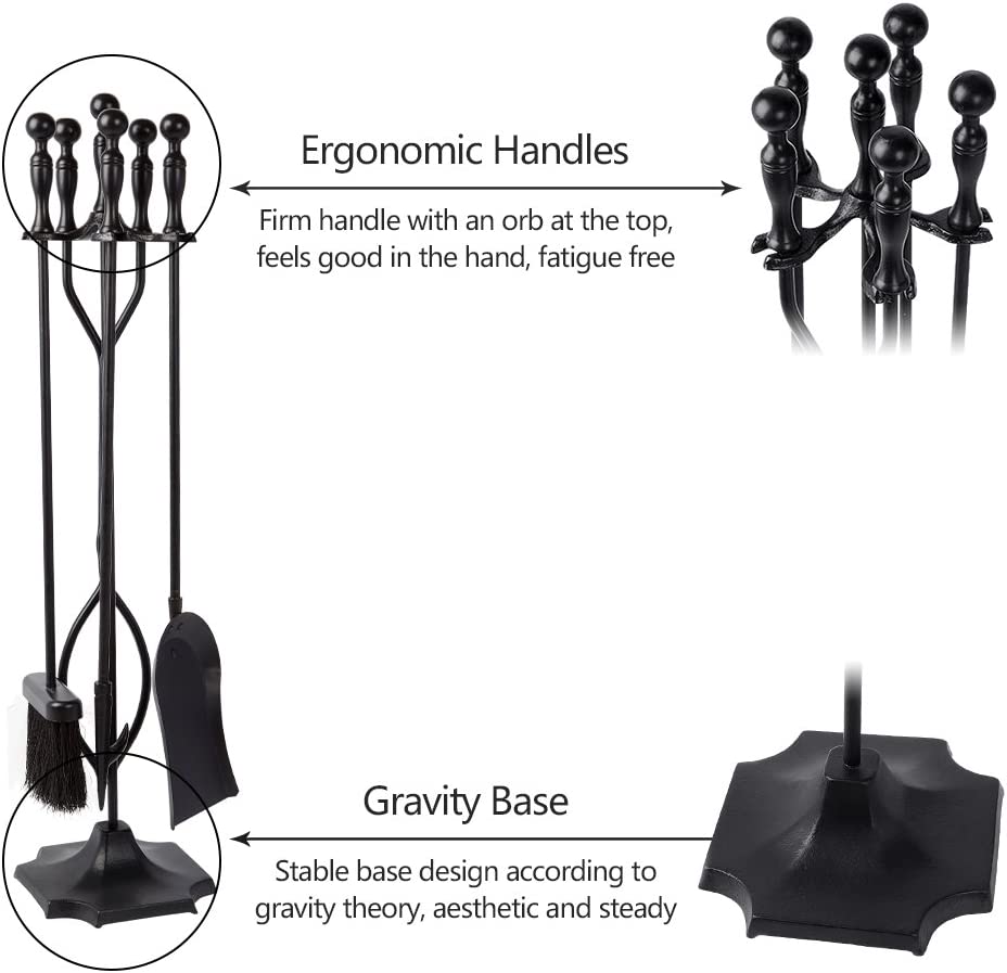 5 Pcs Fireplace Tools Sets Black Handle Wrought Iron Large Fire Tool Set and Holder Outdoor Fireset Fire Pit Stand Indoor Rustic Tongs Shovel Antique Brush Chimney Poker Wood Accessories Kit
